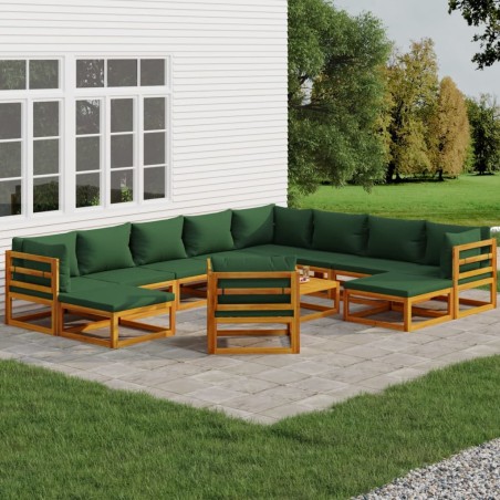 vidaXL 12-tlg. Garten-Lounge-Set mit Grünen Kissen Massivholz