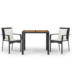 vidaXL 3-tlg. Garten-Essgruppe mit Kissen Schwarz Poly Rattan