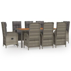 vidaXL 9-tlg. Garten-Essgruppe mit Kissen Grau Poly Rattan