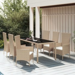 vidaXL 7-tlg. Garten-Essgruppe mit Kissen Beige Poly Rattan