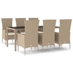 vidaXL 7-tlg. Garten-Essgruppe mit Kissen Beige Poly Rattan