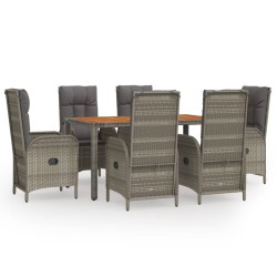 vidaXL 7-tlg. Garten-Essgruppe mit Kissen Grau Poly Rattan
