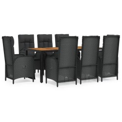 vidaXL 9-tlg. Garten-Essgruppe mit Kissen Schwarz Poly Rattan