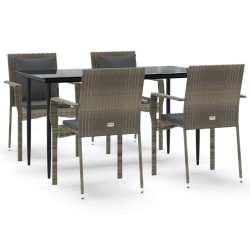 vidaXL 5-tlg. Garten-Essgruppe mit Kissen Schwarz und Grau Poly Rattan