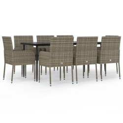vidaXL 9-tlg. Garten-Essgruppe mit Kissen Schwarz und Grau Poly Rattan