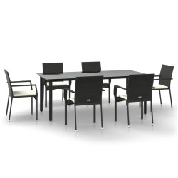 vidaXL 7-tlg. Garten-Essgruppe mit Kissen Schwarz Poly Rattan