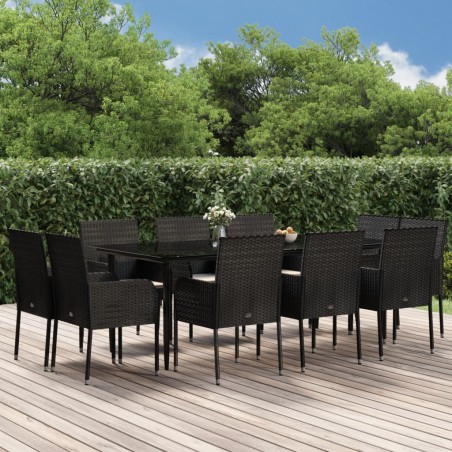 vidaXL 11-tlg. Garten-Essgruppe mit Kissen Schwarz Poly Rattan