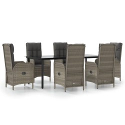 vidaXL 7-tlg. Garten-Essgruppe mit Kissen Schwarz und Grau Poly Rattan