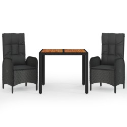 vidaXL 3-tlg. Garten-Essgruppe mit Kissen Schwarz Poly Rattan