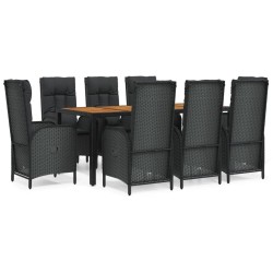 vidaXL 9-tlg. Garten-Essgruppe mit Kissen Schwarz Poly Rattan