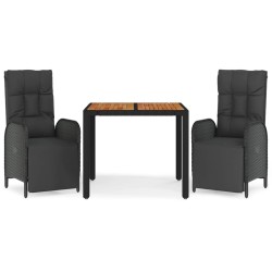 vidaXL 3-tlg. Garten-Essgruppe mit Kissen Schwarz Poly Rattan