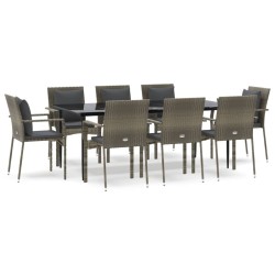 vidaXL 9-tlg. Garten-Essgruppe mit Kissen Schwarz und Grau Poly Rattan