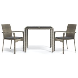 vidaXL 3-tlg. Garten-Essgruppe mit Kissen Grau Poly Rattan