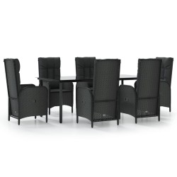 vidaXL 7-tlg. Garten-Essgruppe mit Kissen Schwarz Poly Rattan