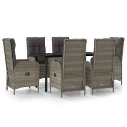 vidaXL 7-tlg. Garten-Essgruppe mit Kissen Schwarz und Grau Poly Rattan