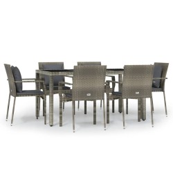 vidaXL 7-tlg. Garten-Essgruppe mit Kissen Grau Poly Rattan