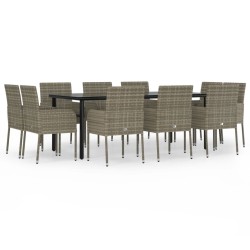 vidaXL 11-tlg. Garten-Essgruppe mit Kissen Schwarz & Grau Poly Rattan