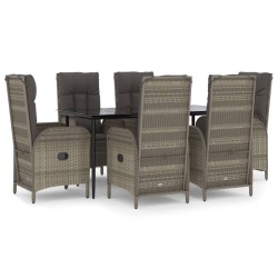 vidaXL 7-tlg. Garten-Essgruppe mit Kissen Schwarz und Grau Poly Rattan