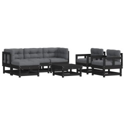 vidaXL 7-tlg. Garten-Lounge-Set mit Kissen Schwarz Massivholz