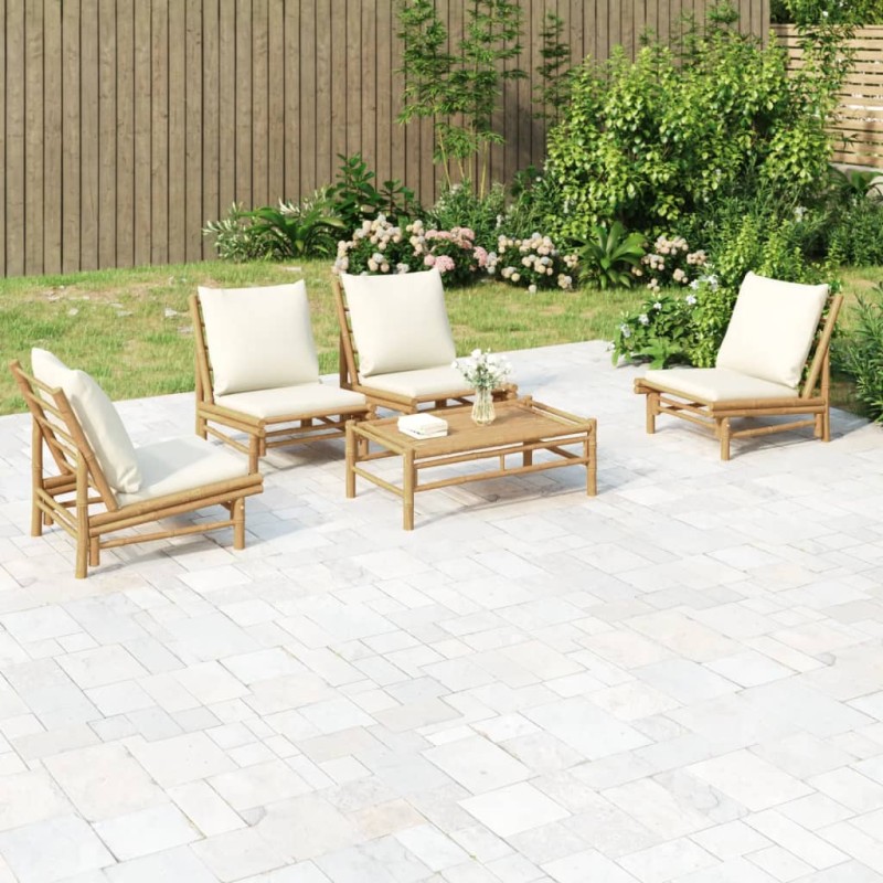 vidaXL 5-tlg. Garten-Lounge-Set mit Cremeweißen Kissen Bambus vidaXL 5-tlg. Garten-Lounge-Set mit Cremeweißen Kissen Bambus