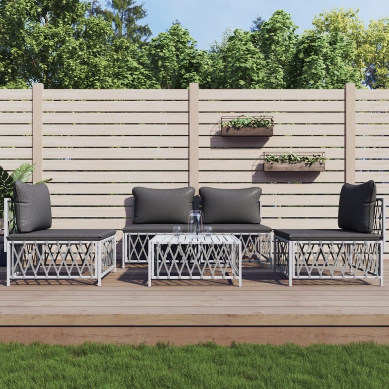 vidaXL 5-tlg. Garten-Lounge-Set mit Kissen Weiß Stahl vidaXL 5-tlg. Garten-Lounge-Set mit Kissen Weiß Stahl