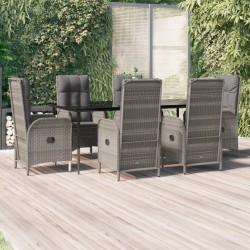 vidaXL 7-tlg. Garten-Essgruppe mit Kissen Schwarz und Grau Poly Rattan