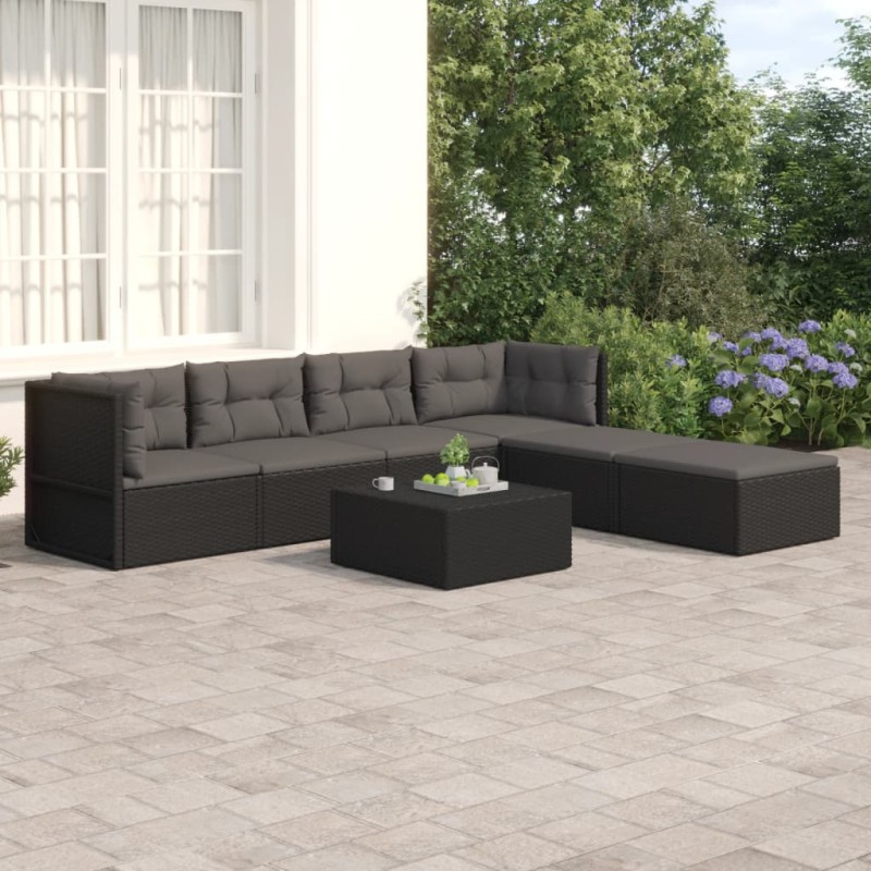 vidaXL 6-tlg. Garten-Lounge-Set mit Kissen Schwarz Poly Rattan vidaXL 6-tlg. Garten-Lounge-Set mit Kissen Schwarz Poly Rattan