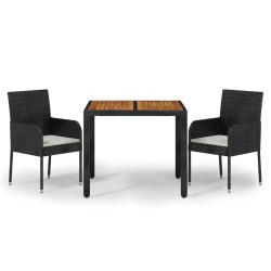 vidaXL 3-tlg. Garten-Essgruppe mit Kissen Schwarz Poly Rattan