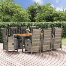 vidaXL 9-tlg. Garten-Essgruppe mit Kissen Grau Poly Rattan