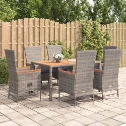vidaXL 7-tlg. Garten-Essgruppe mit Kissen Grau Poly Rattan