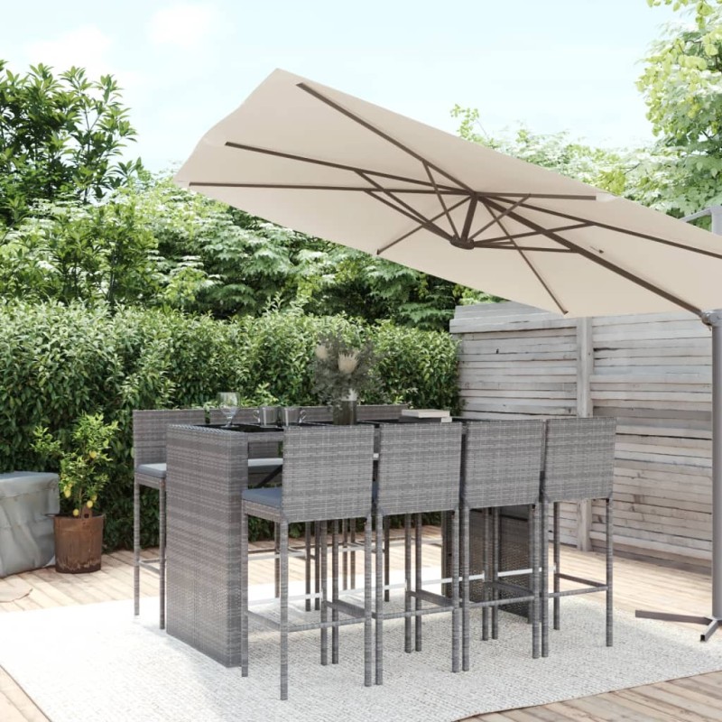vidaXL 9-tlg. Gartenbar-Set mit Kissen Grau Poly Rattan vidaXL 9-tlg. Gartenbar-Set mit Kissen Grau Poly Rattan