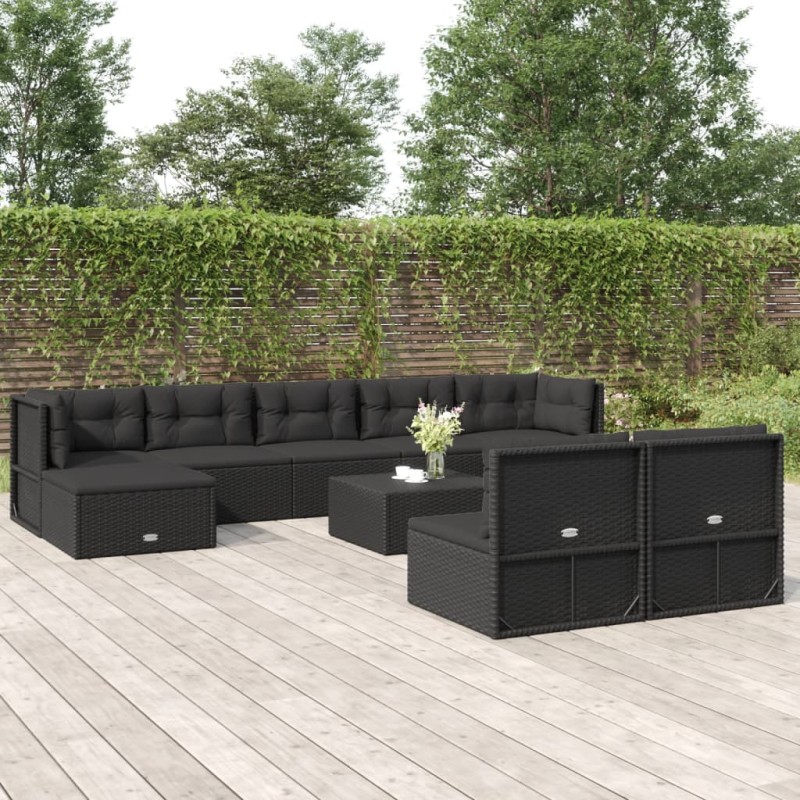 vidaXL 9-tlg. Garten-Lounge-Set mit Kissen Schwarz Poly Rattan vidaXL 9-tlg. Garten-Lounge-Set mit Kissen Schwarz Poly Rattan