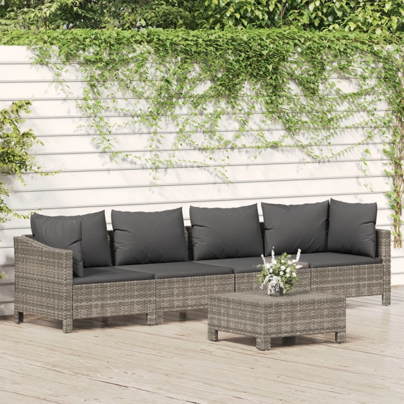 vidaXL 5-tlg. Garten-Lounge-Set mit Kissen Grau Poly Rattan vidaXL 5-tlg. Garten-Lounge-Set mit Kissen Grau Poly Rattan