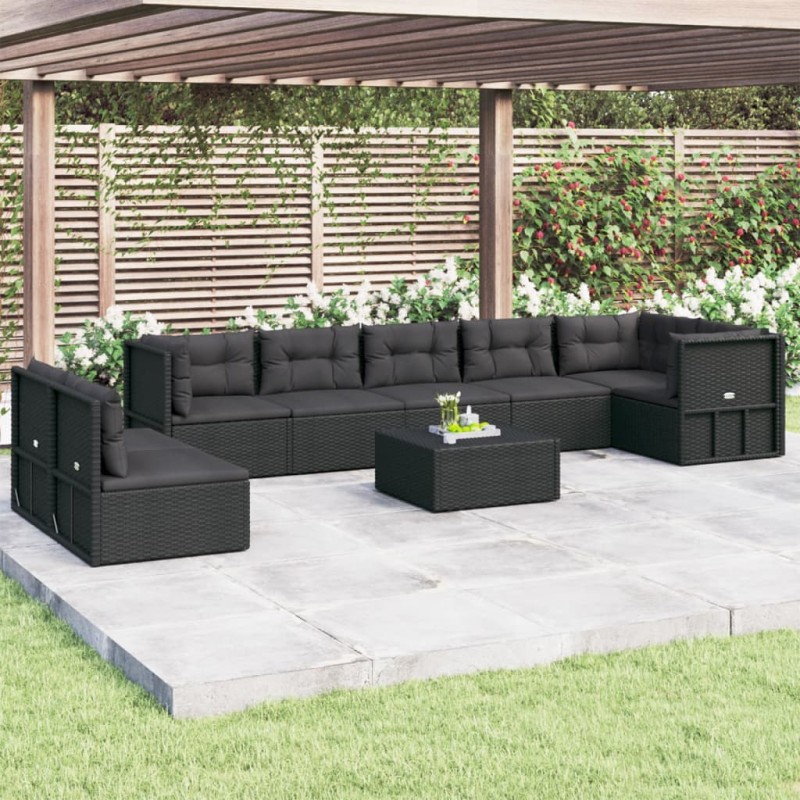 vidaXL 8-tlg. Garten-Lounge-Set mit Kissen Schwarz Poly Rattan vidaXL 8-tlg. Garten-Lounge-Set mit Kissen Schwarz Poly Rattan