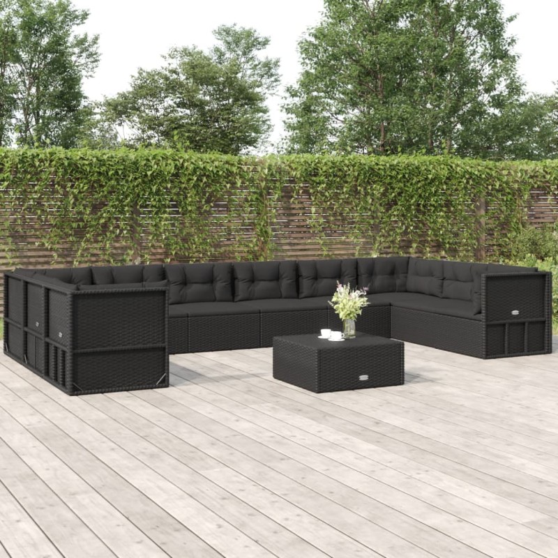 vidaXL 10-tlg. Garten-Lounge-Set mit Kissen Schwarz Poly Rattan vidaXL 10-tlg. Garten-Lounge-Set mit Kissen Schwarz Poly Rattan