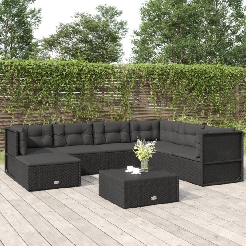 vidaXL 7-tlg. Garten-Lounge-Set mit Kissen Schwarz Poly Rattan vidaXL 7-tlg. Garten-Lounge-Set mit Kissen Schwarz Poly Rattan