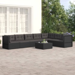 vidaXL 7-tlg. Garten-Lounge-Set mit Kissen Schwarz Poly Rattan