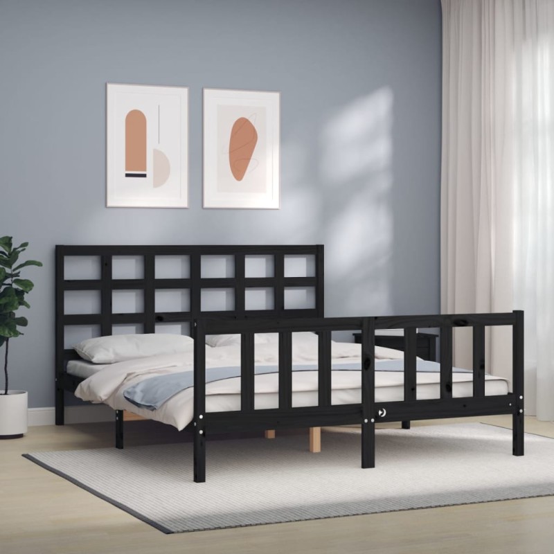 vidaXL Massivholzbett mit Kopfteil Schwarz 160x200 cm vidaXL Massivholzbett mit Kopfteil Schwarz 160x200 cm
