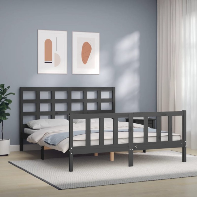 vidaXL Massivholzbett mit Kopfteil Grau 160x200 cm vidaXL Massivholzbett mit Kopfteil Grau 160x200 cm
