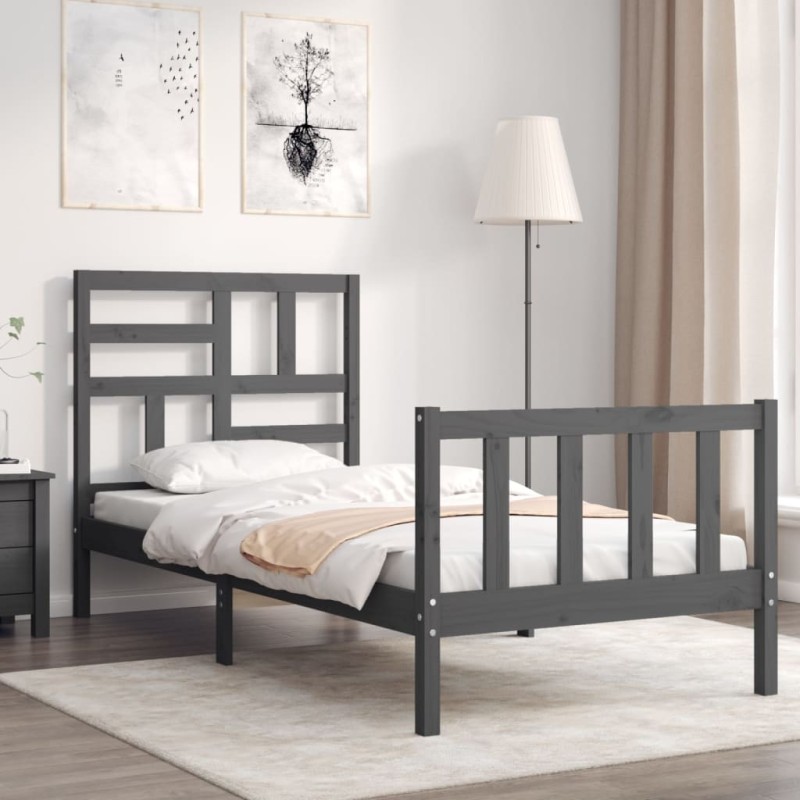vidaXL Massivholzbett mit Kopfteil Grau 90x200 cm vidaXL Massivholzbett mit Kopfteil Grau 90x200 cm