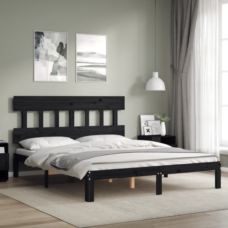 vidaXL Massivholzbett mit Kopfteil Schwarz 160x200 cm vidaXL Massivholzbett mit Kopfteil Schwarz 160x200 cm