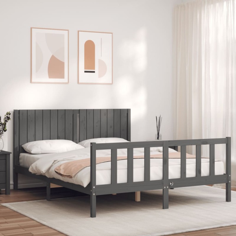 vidaXL Massivholzbett mit Kopfteil Grau 160x200 cm vidaXL Massivholzbett mit Kopfteil Grau 160x200 cm