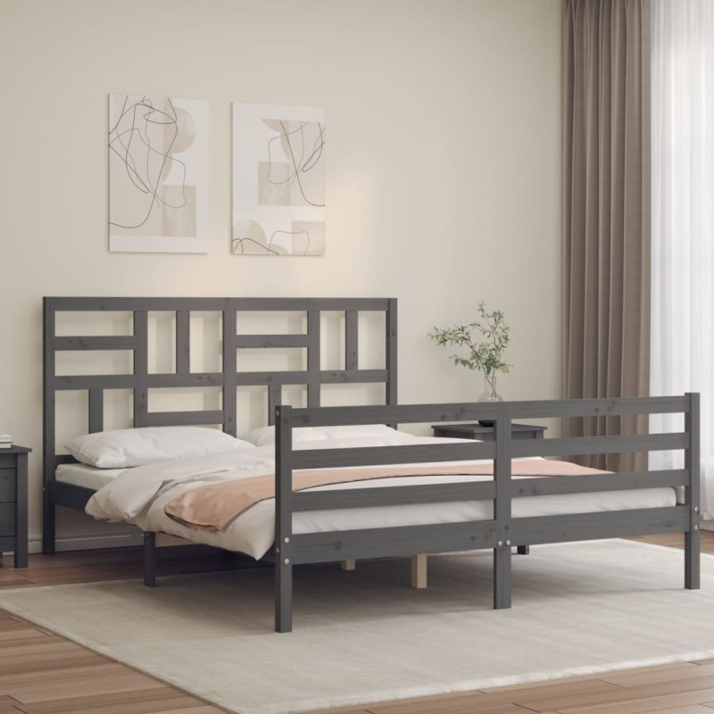 vidaXL Massivholzbett mit Kopfteil Grau 160x200 cm vidaXL Massivholzbett mit Kopfteil Grau 160x200 cm