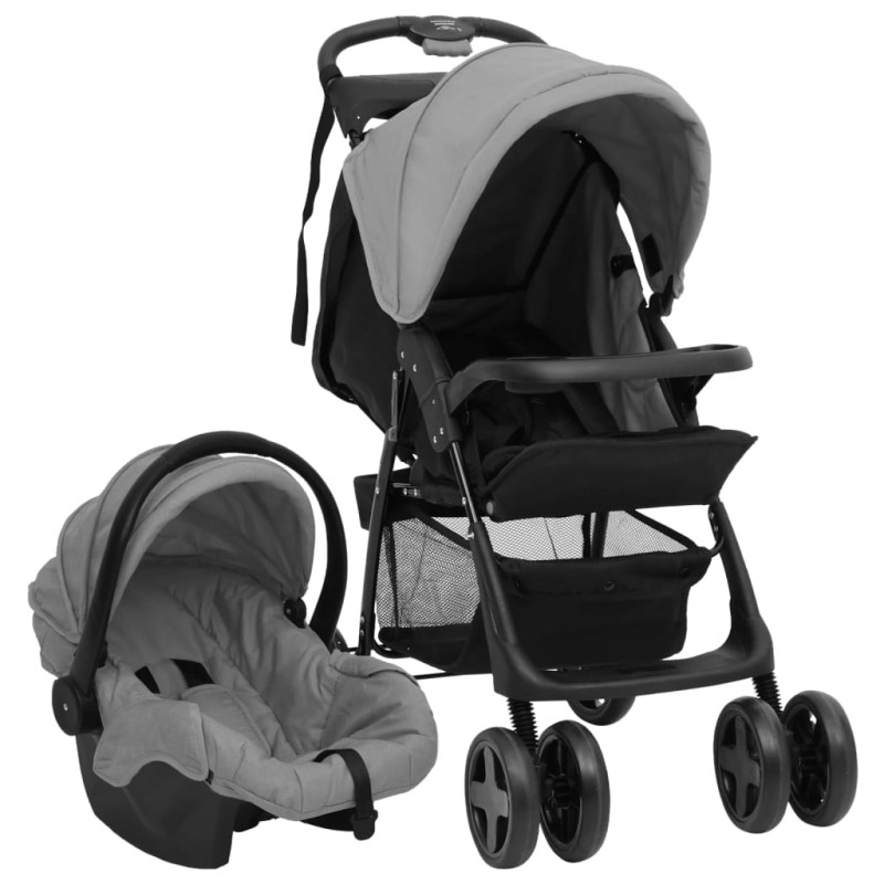 3-in-1 Kinderwagen Hellgrau und Schwarz Stahl 3-in-1 Kinderwagen Hellgrau und Schwarz Stahl