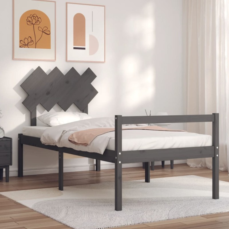 vidaXL Massivholzbett mit Kopfteil Grau 90x200 cm vidaXL Massivholzbett mit Kopfteil Grau 90x200 cm