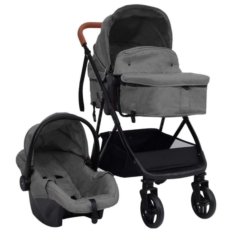 3-in-1 Kinderwagen Hellgrau und Schwarz Stahl 3-in-1 Kinderwagen Hellgrau und Schwarz Stahl