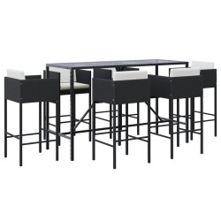 vidaXL 7-tlg. Gartenbar-Set mit Kissen Schwarz Poly Rattan
