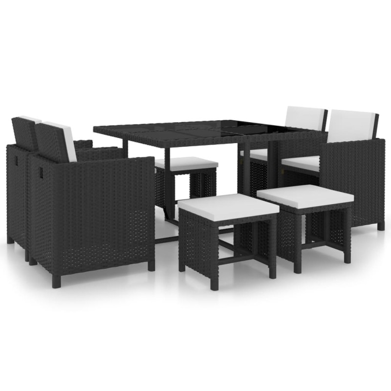9-tlg. Garten-Essgruppe mit Auflagen Poly Rattan Schwarz 9-tlg. Garten-Essgruppe mit Auflagen Poly Rattan Schwarz