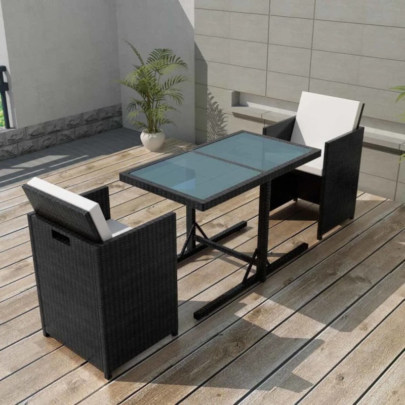 3-tlg. Bistro-Set mit Kissen Poly Rattan Schwarz 3-tlg. Bistro-Set mit Kissen Poly Rattan Schwarz