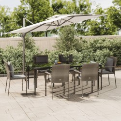 vidaXL 7-tlg. Garten-Essgruppe mit Kissen Schwarz und Grau Poly Rattan